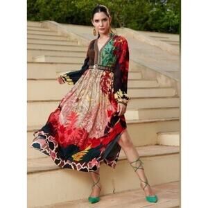 Bhanuni by Jyoti Anthropologie Obsidian Dress Maxi Long Sleeve V Neck Boho 2P